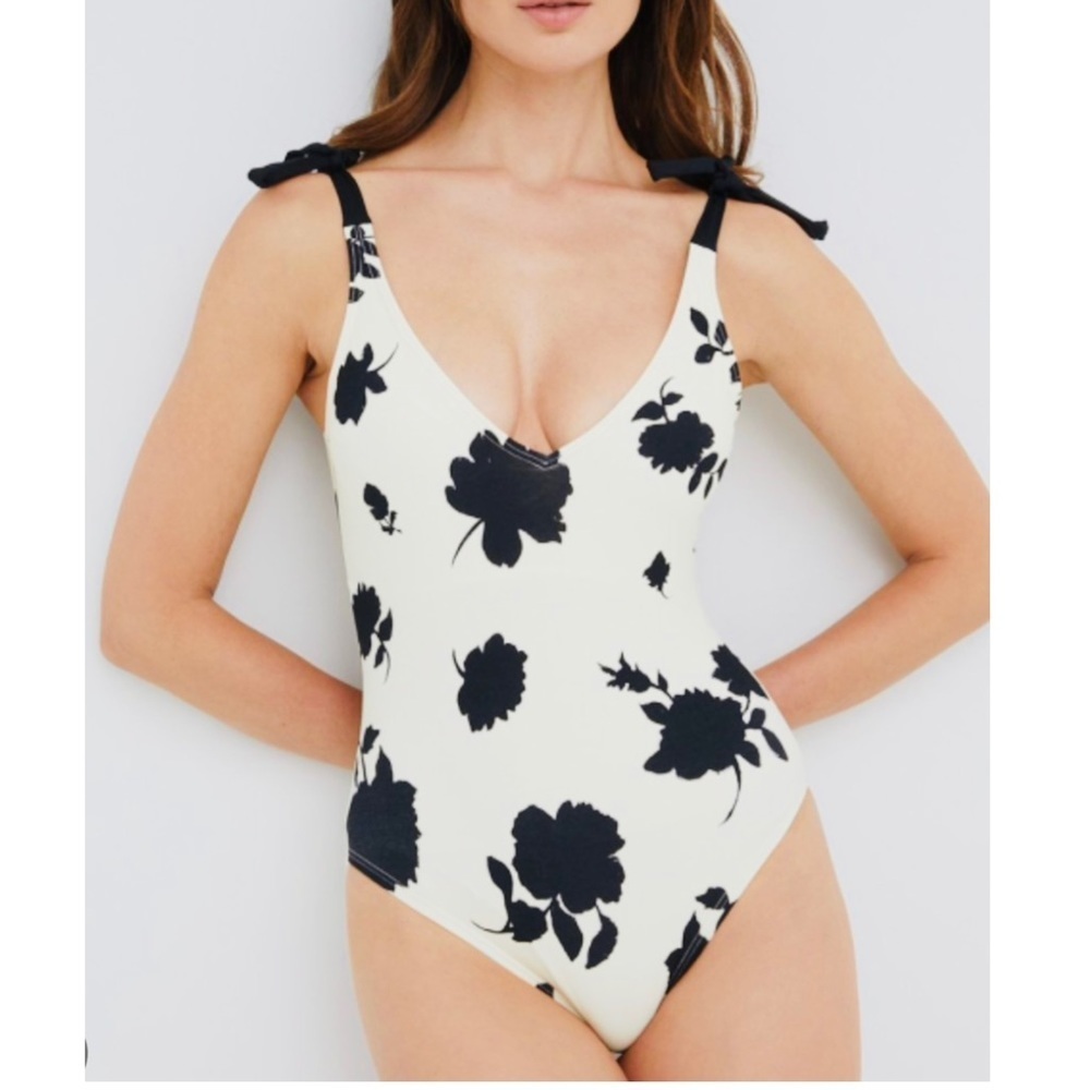 Kate Spade V-neck, deep low back faux shoulder tie one piece swimsuit